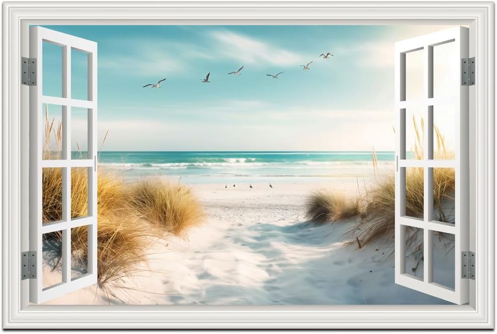 CHUSHU ART Lienzo de playa para decoración de pared, impresiones de imágenes del océano para sala de estar, ventana blanca, camino, pintura costera,