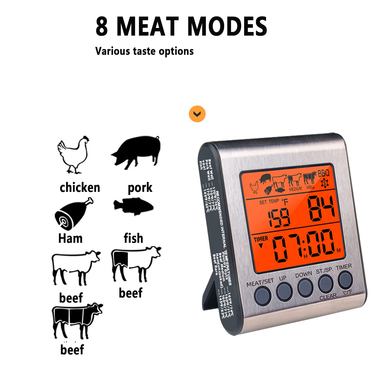 Termómetro digital para cocinar carne con sonda dual, termómetro para carne de lectura instantánea con función de alarma y calibración