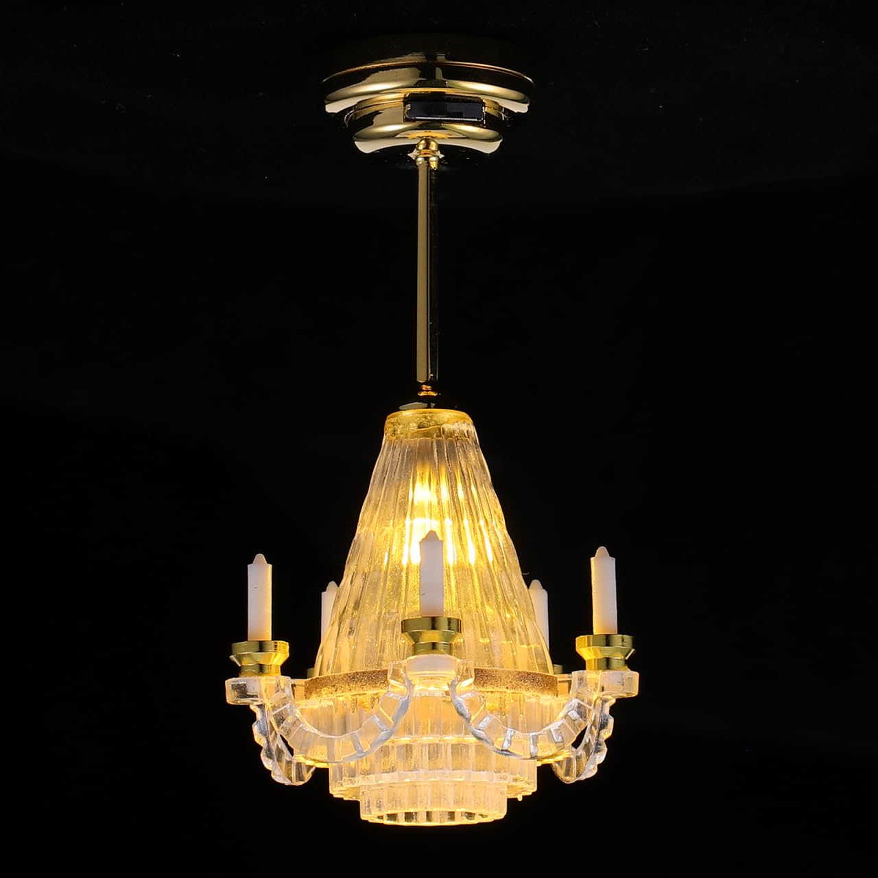 jojofuny 1:12 Dollhouse Miniature Chandelier, Battery Operated LED Ceiling Lamp with Warm Glow, Wireless Gold Candle Light for 1/12 Scale Doll House Furniture Display and DIY Diorama Decoration