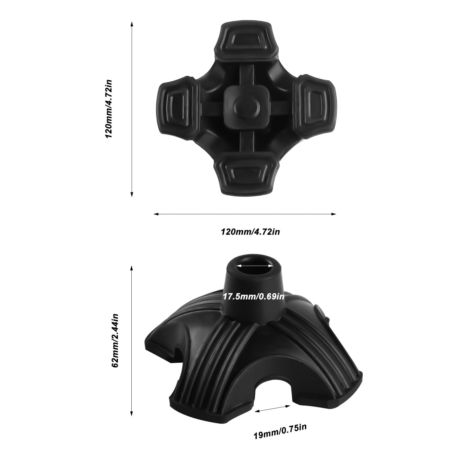 2 Stück Gehstock-Spitzen, 1,9 cm, Quad-Cane Spitzen für Stabilität, 4 Zinken, selbststehende Stockbasis, robuste, rutschfeste Gummi-Spitzen, Ersatz für Gehstöcke, Klappstöcke, Krückenspitzen