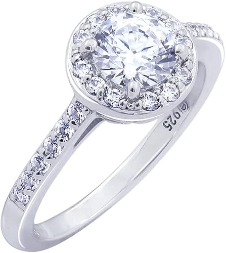 Tienda Collection Platinum or Gold Plated Sterling Silver Round Halo Ring Made with Infinite Elements Zirconia