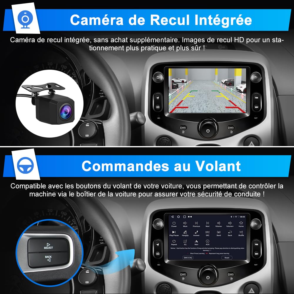 AWESAFE Autoradio Android 15 pour Toyota Aygo/Peugeot 108/ Citroën C1 (2015-2020), Écran 7 Pouces 2Go+64Go, CarPlay & Android Auto, GPS WiFi Bluetooth, Commandes au Volant, Caméra de Recul Incluse