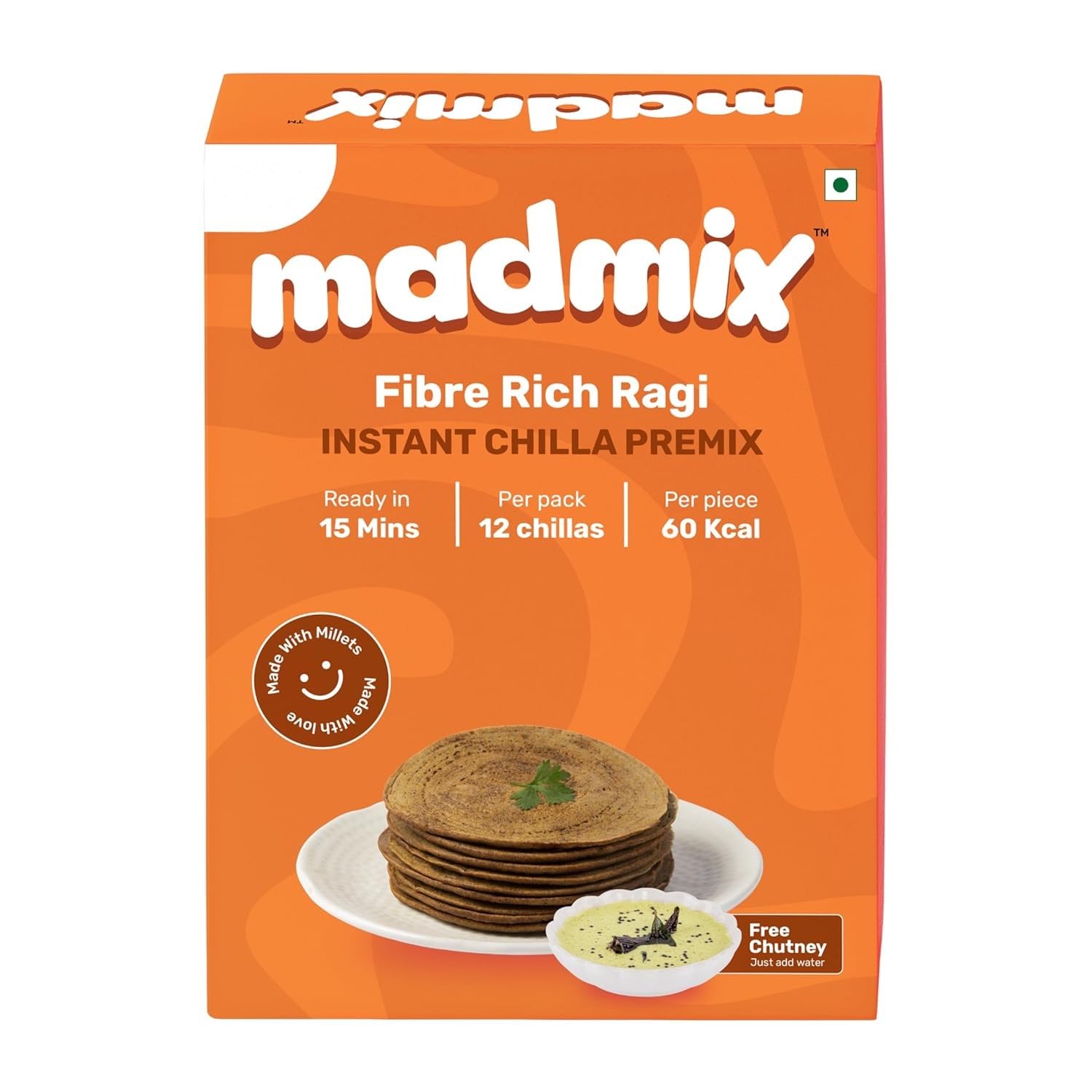 Madmix Instant Chilla Premix - Fibre Rich Ragi | 270g | High Calcium, Metabolism Boost | 60 Kcal per piece | Made with Millets | Ready in 15 minutes | Gluten-Free