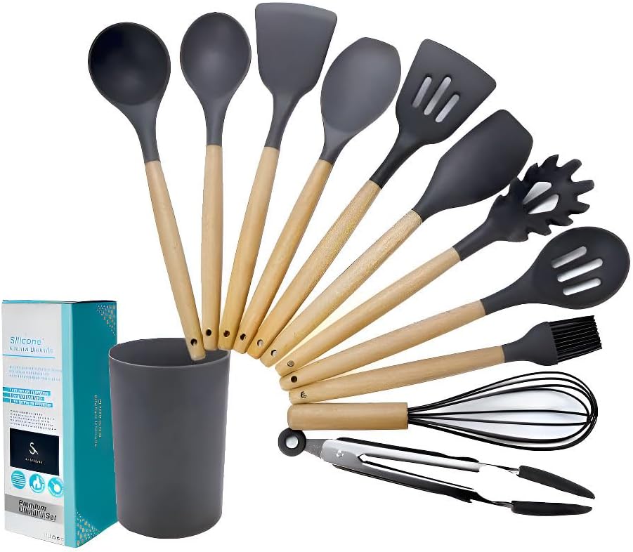SJ TRADERS Kitchen Utensils Set with Holder, Novelty Mothers Day Gifts for Mum, Non-Stick and Heat Resistant with Wooden Handle, Non Scratch Silicone Kitchen Utensils Set (Wooden Grey, 12 Pcs)
