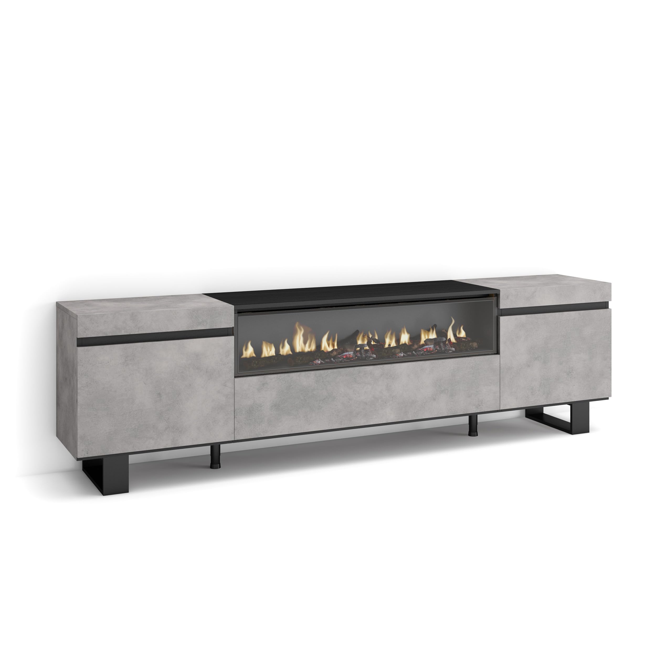 Skraut Home | TV-Schrank, Lowboard | für Wohnzimmer und Esszimmer | 200x57x35cm | Für TV-Geräte bis zu 80" | Elektrokamin. Maße | Industriedesign | Moderner Stil | Zement
