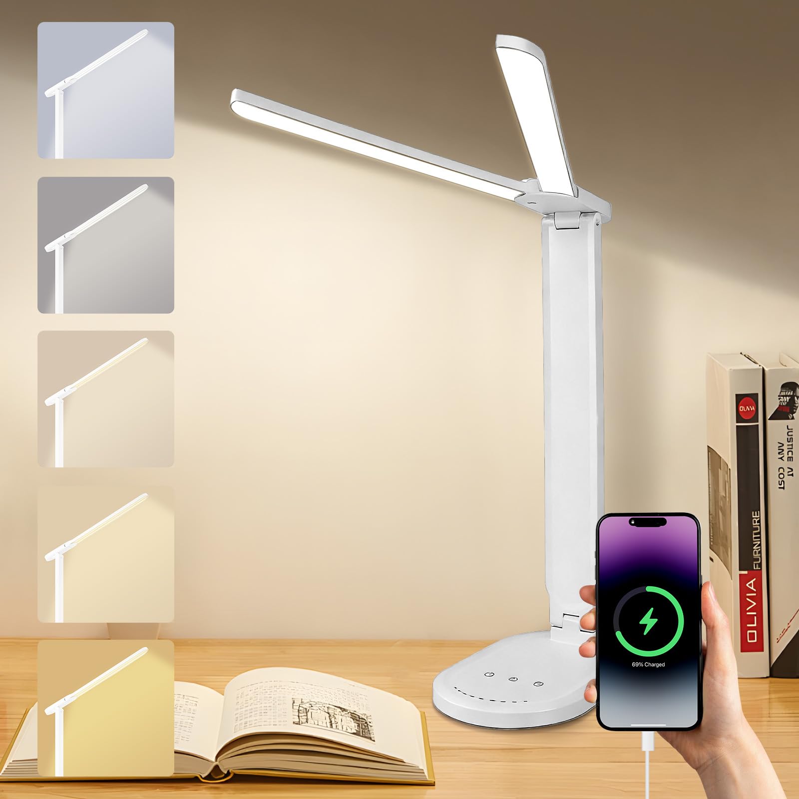 vsshe Desk Lamp, Dimmable LED Table Lamp Reading Light with USB Charging Port, Dual Heads Lamp 5 Modes 9 Brightness Levels, Night Light Timer Memory Function Foldable for Office Bedroom Study Nail Kid