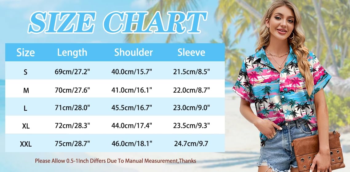tiorhooe Camicia hawaiana da donna con albero tropicale a maniche corte, abbottonatura estiva, spiaggia, vacanza
