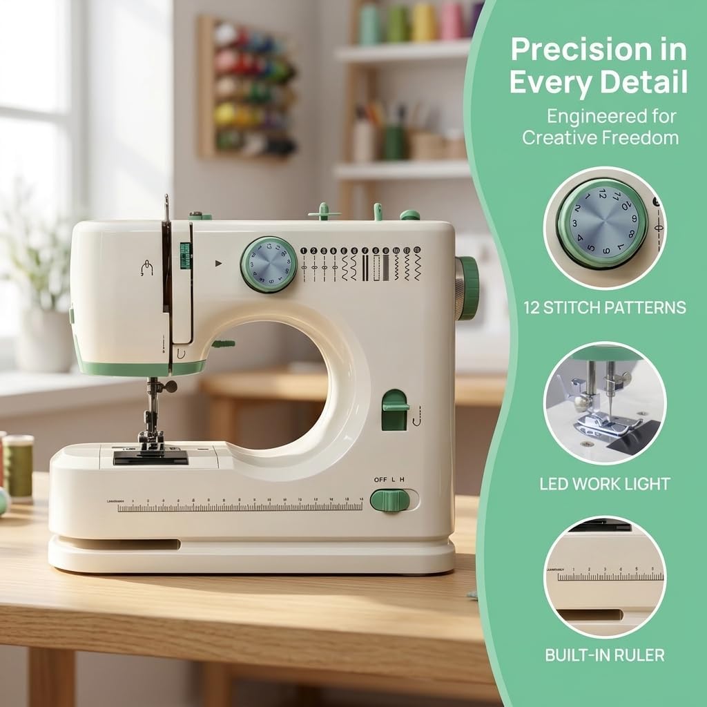 Sewing Machine for Beginners, Mini Portable Design, 12 Built-In Stitches, White and Purple (Green, One size) (Green, One size)
