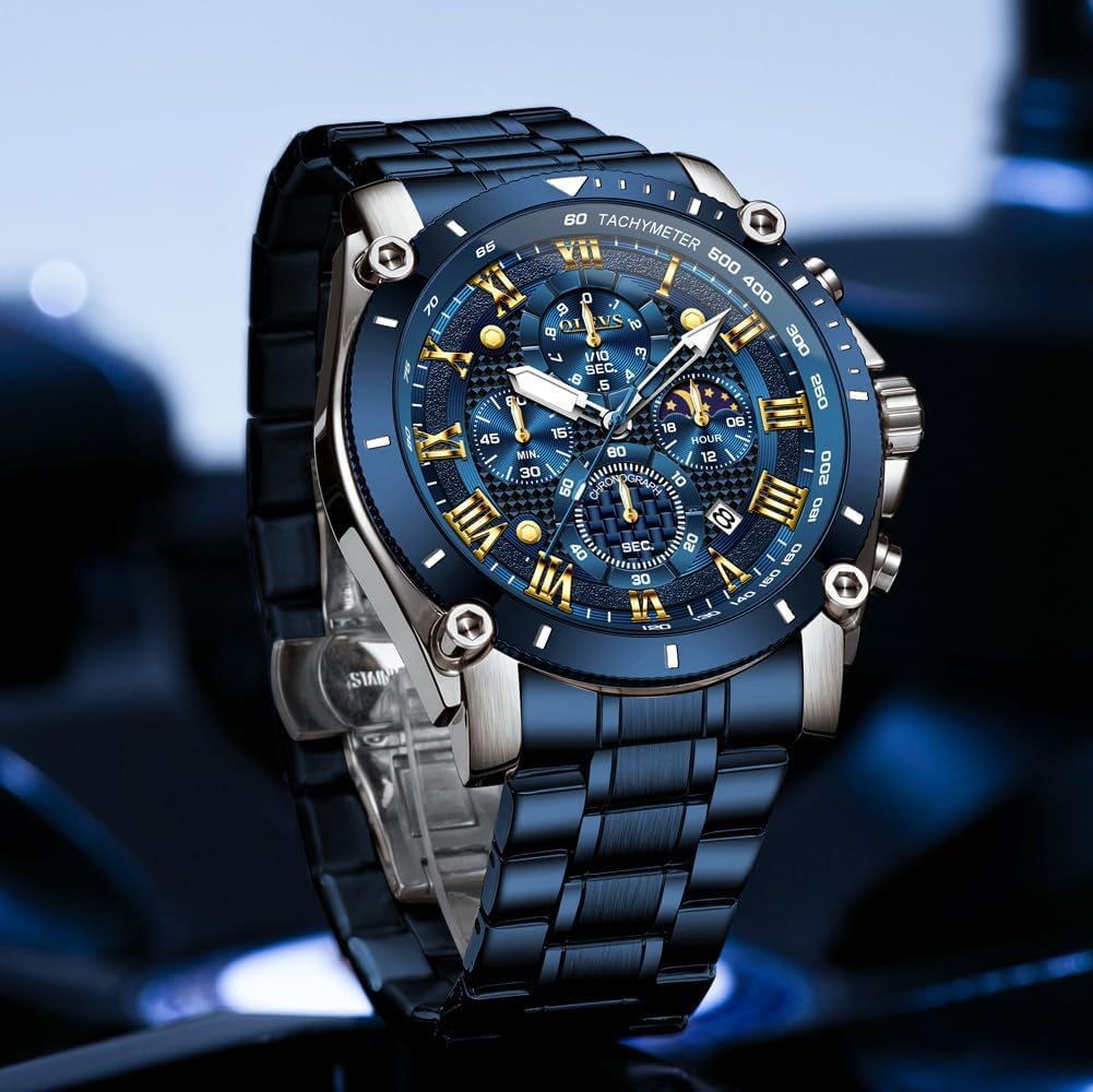 OLEVS Mens Watch Chronograph Luxury Diamond Dress Business Analog Quartz Wrist Watches Stainless Steel Waterproof Luminous
