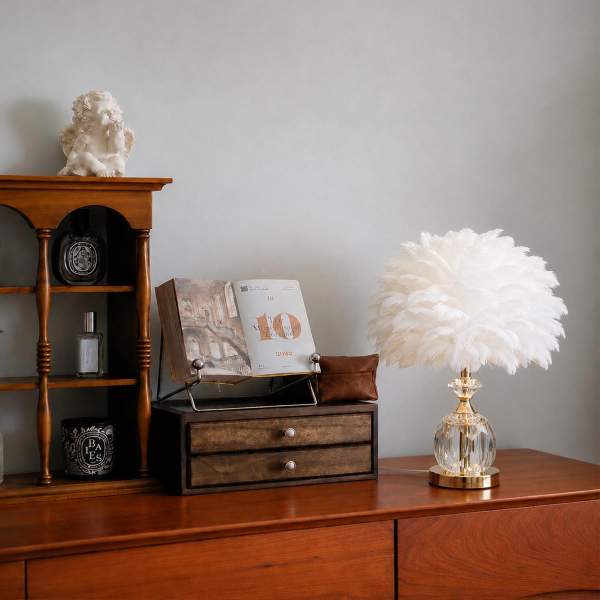 Base De Cristal Lámpara De Mesa De Plumas Blancas Lámpara De Noche De Plumas Románticas Lámpara De Noche De Plumas Lámpara De Plumas Decoración De Dormitorio, Lámpara De Cabecera De Sala De Estar