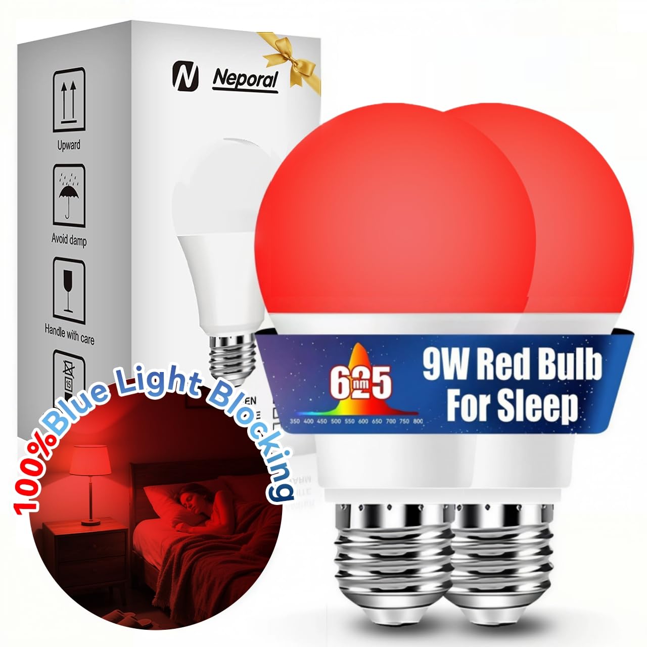 Neporal 625nm Red Light Bulbs for Sleep, 100% Blue Light Blocking Bulb for Melatonin Promote, A19 LED 9W 60W Red Night Bulb for Baby Nursery, Sleep, Read, Bedroom 2PK (White When Off, Red When on)
