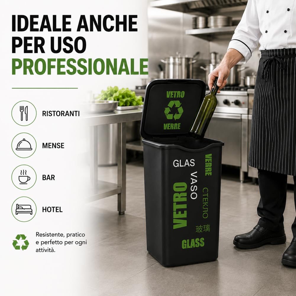 BAKAJI Set 4 Pattumiere per Raccolta Differenziata, Bidoni Spazzatura da 50 Litri con Coperchio e Design Moderno a Scritte Colorato, Contenitori Immondizia da Esterno e Interno, 37.5 x 36 x 53.5 cm