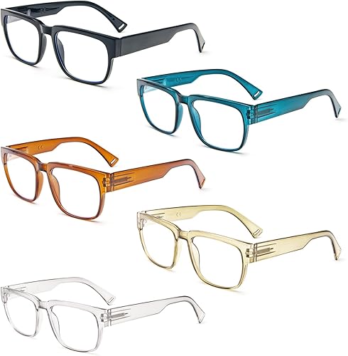 Miniatura 3 de KoKoBin Paquete de 5 lentes de lectura cuadrados para hombres y mujeres, lentes ligeros con bloqueo de luz azul, marco elegante de colores
