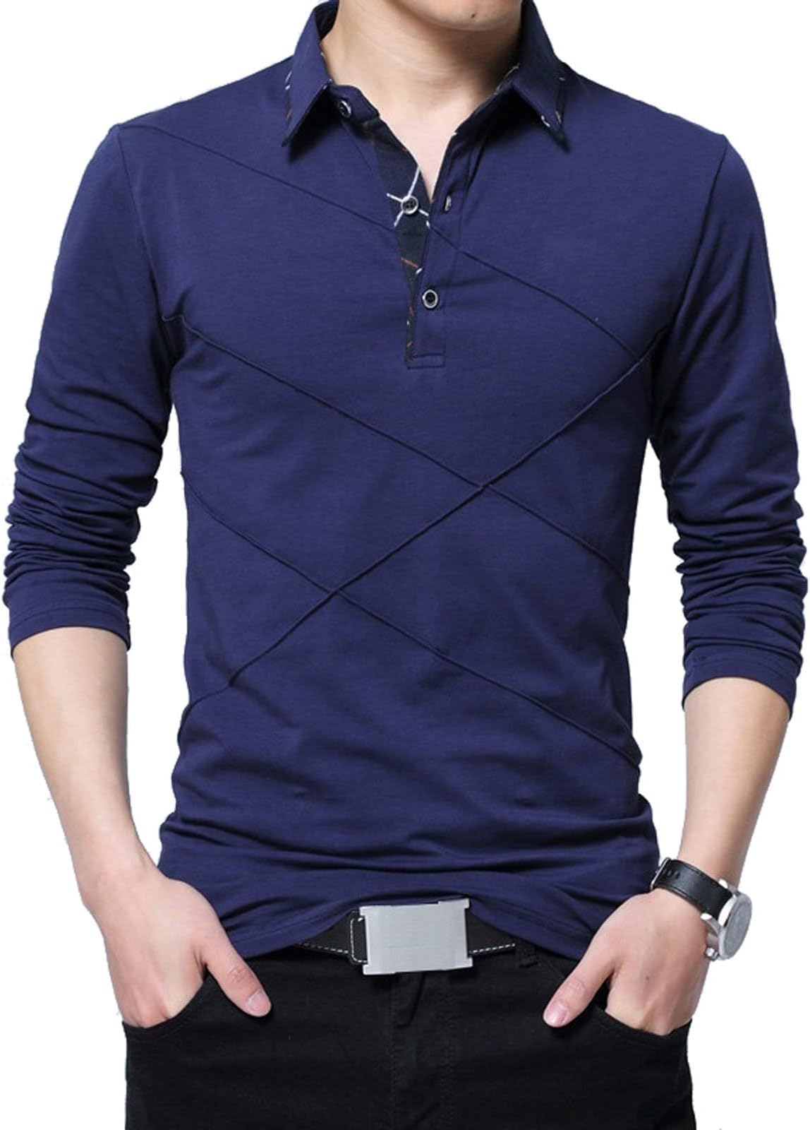 YOGISUYOGISU Men's Hoodies Pullover, T Shirt Men Long T-shirt Turn-down Stripe Designer T-shirt Slim Fit Loose Casual Cotton T Shirt Male (Color : Hortel�, Size : Medium)