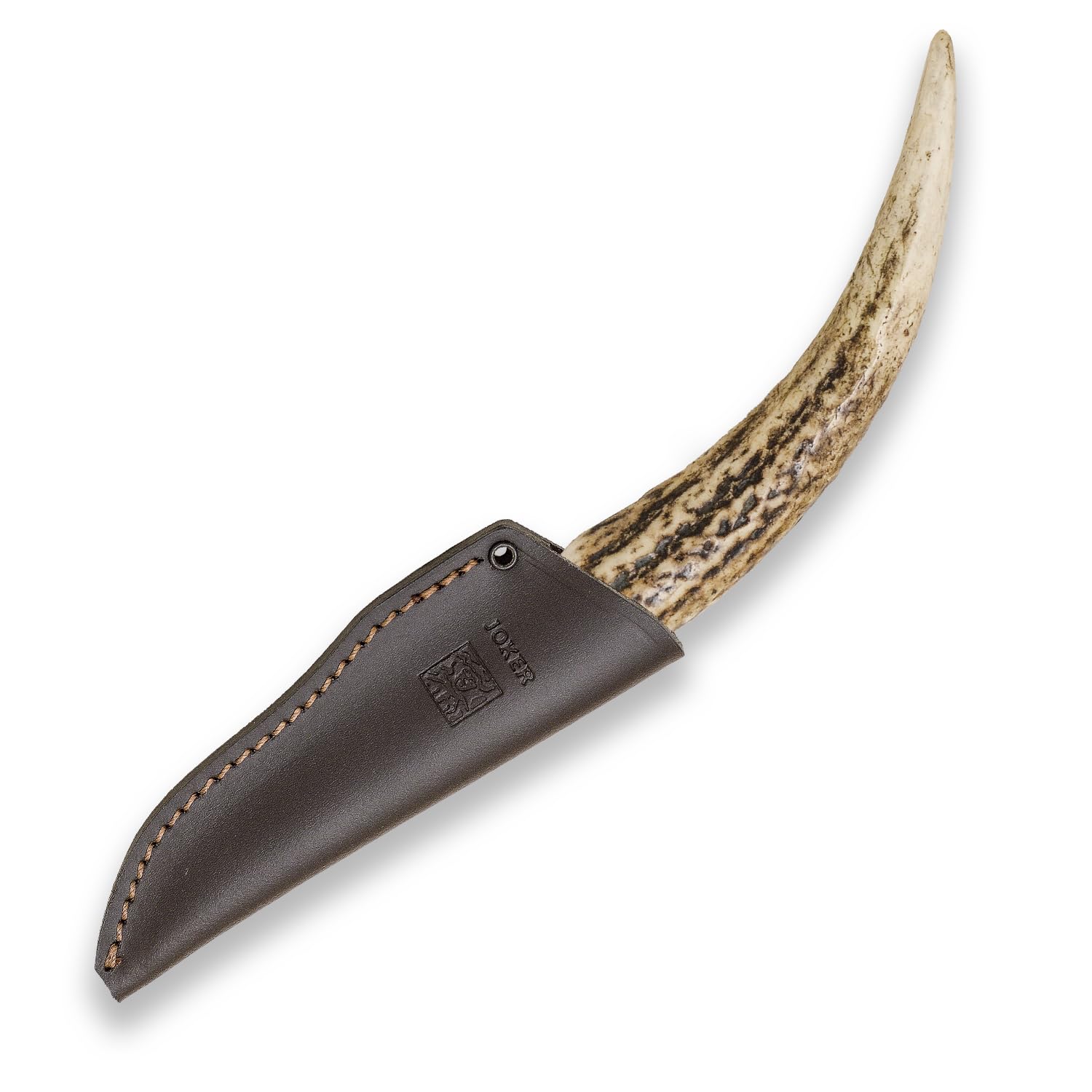 Joker GABATO CC141 Jagdmesser, Griff aus Hirschhorn, 9 cm Klinge, mit brauner Hülle, Werkzeug für Angeln, Jagd, Camping und Wandern