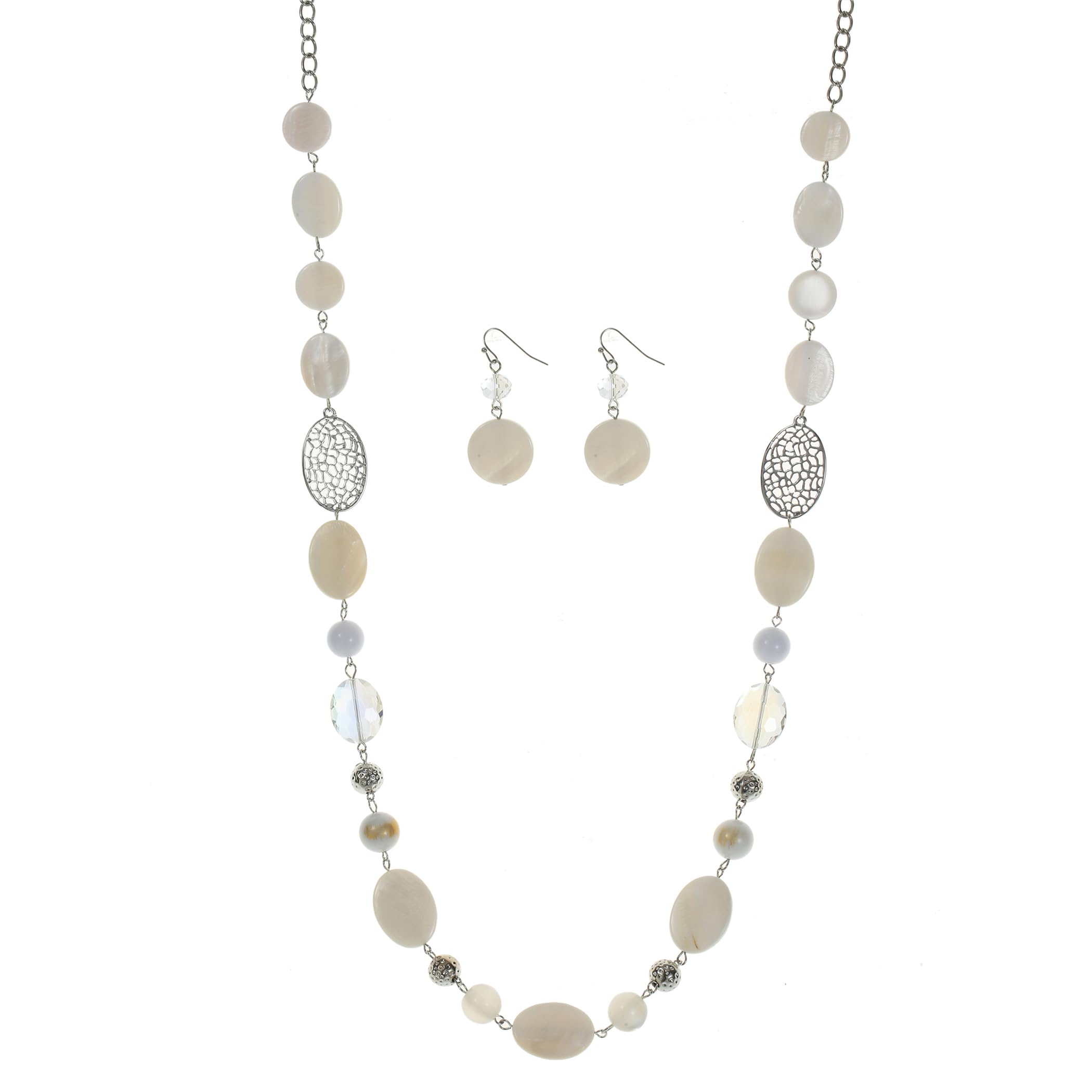 Aenu Beaded Long Necklace Set for Women Silver Gold Tone Sweater Chain Stone Crystal Beads Necklace Trendy Fashion Jewelry for Holiday Gifts