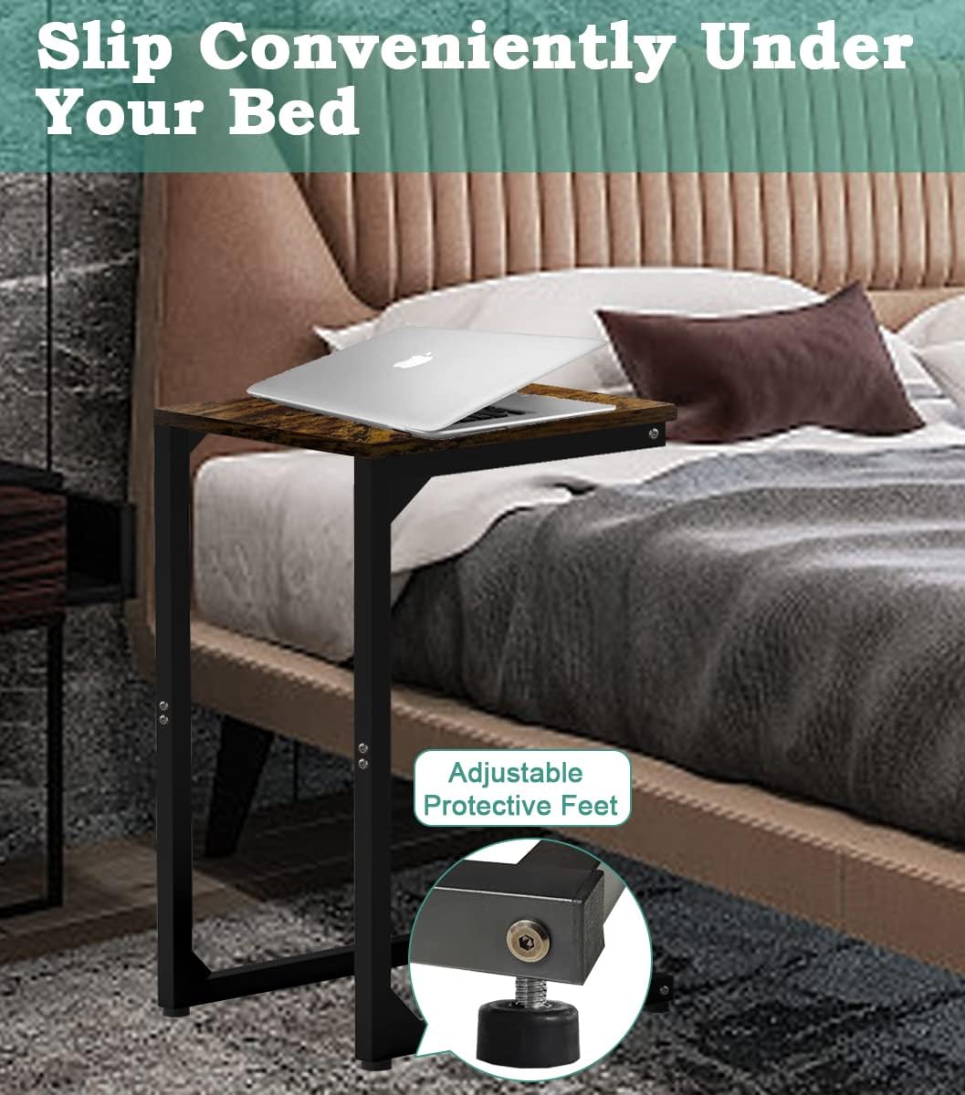 C Shaped End Table, Side Tables Couch TV Tray Table, Small Snack Sofa Table with Metal Frame for Living Room, Bedroom, Bedside for Small Spaces, Rustic Brown Black