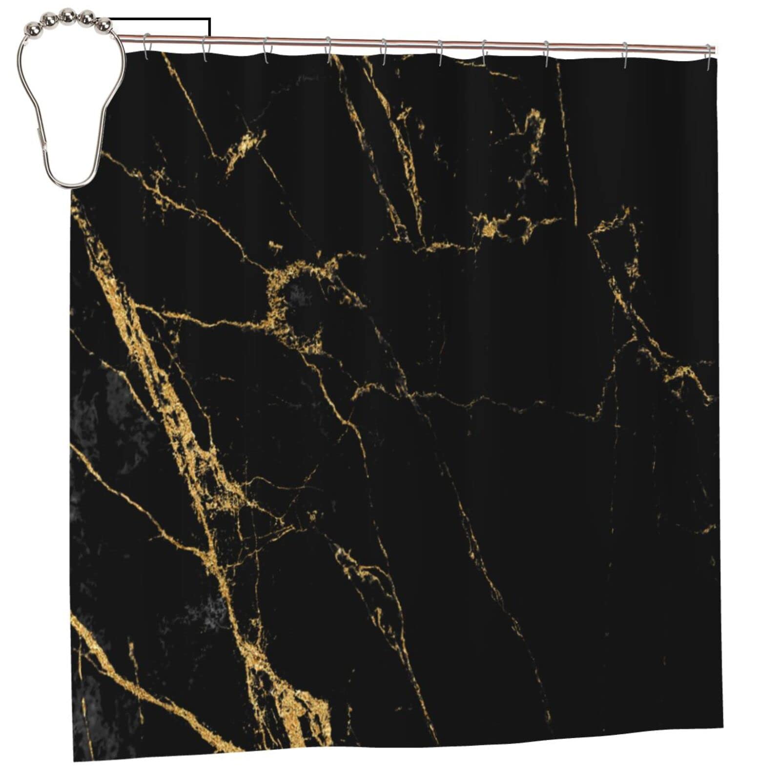 Satoha Black/Gold Marble Shower Curtain Sets Abstract Fabric Decor Bath Curtains With Hooks For Bathroom Showers And Bathtubs 72"×72"