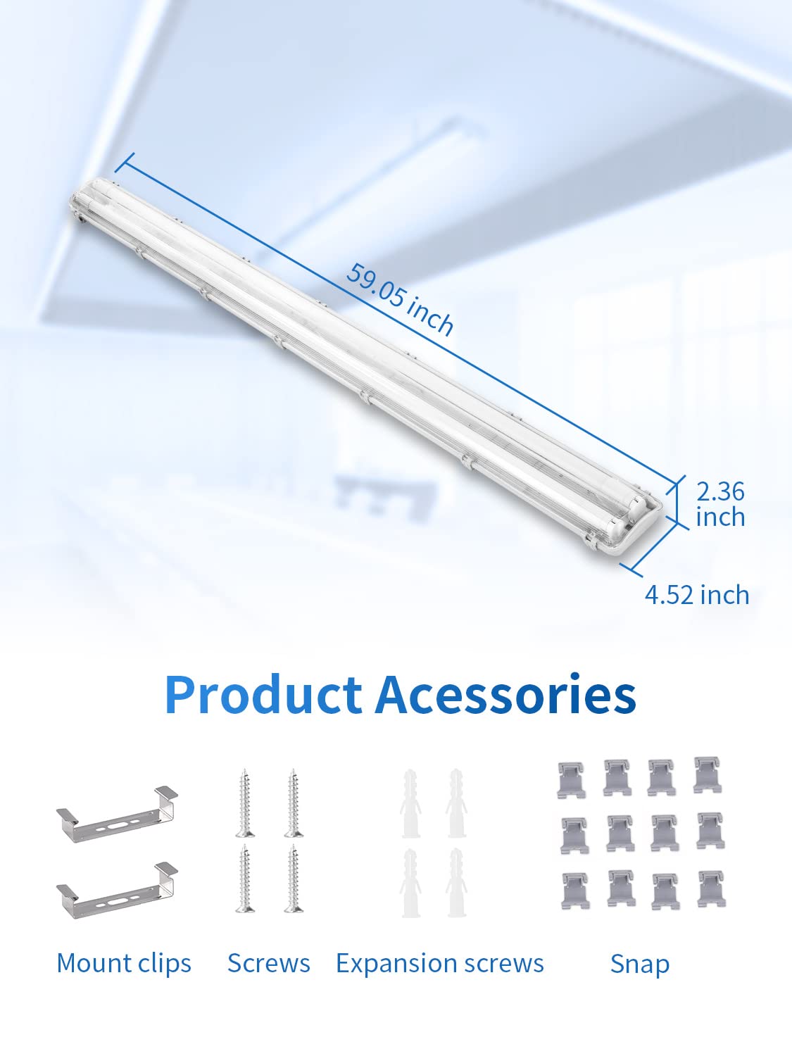 Tubo LED con 2 tubo 150cm,44W 4400LM Tubo Fluorescente LED, 6000K Blanco frío Luz de Techo LED, Impermeable IP65 Barra de Luz LED,Lámpara de Techo para Cocina Baño Garaje Oficina,4 Pieza