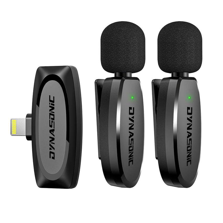 Immagine del prodotto DYNASONIC DM-Pro 01 Pack (2a generazione) 2 Microfono professionale senza fili per iPhone. Lavalier Lavalier Lavalier Microfono mobile (2,4GHz) Facebook Tiktok Video Vlog Youtube