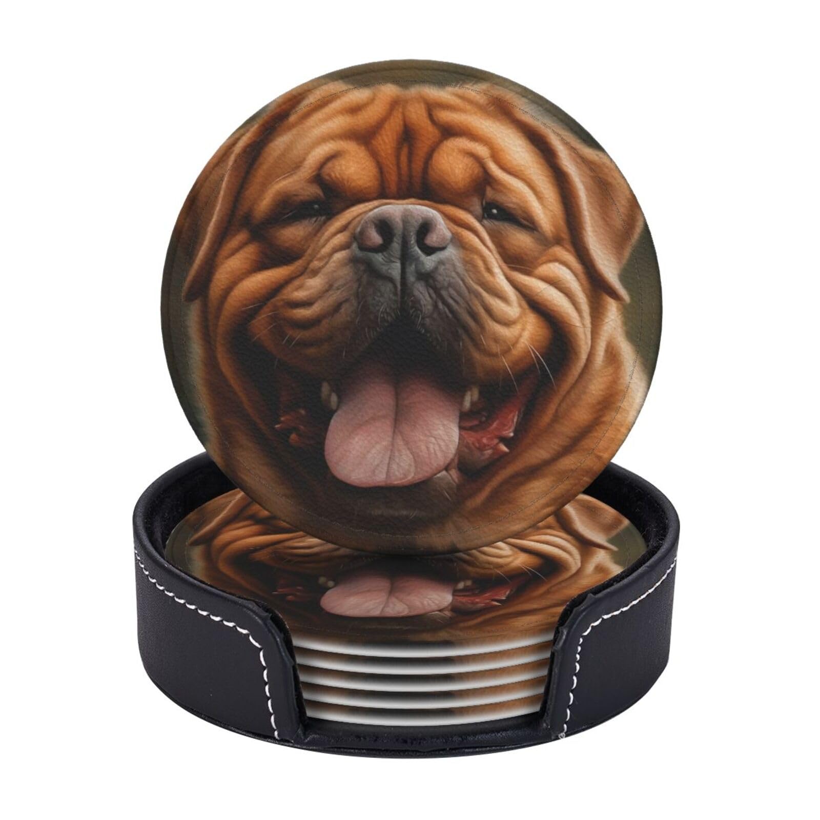 Coasters Set of 6 Leather Drink Coasters with Holder Dog Sticking out Tongue Coasters for Drinks Heat Resistant Coaster Round Coffee Cup Mat Pad for Kitchen Office Home Decor
