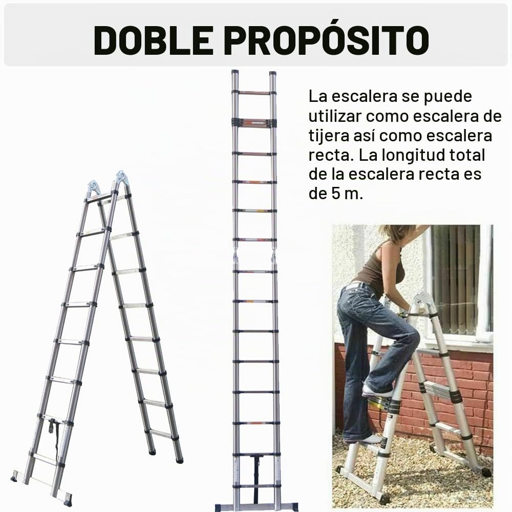 Escalera telescópica extensible de 2,5 + 2,5 m, robusta de acero inoxidable, marco en A, sistema de cierre suave, escalera de pie con estabilizador, 6 + 6 peldaños, 330 LB/150 kg, capacidad de carga