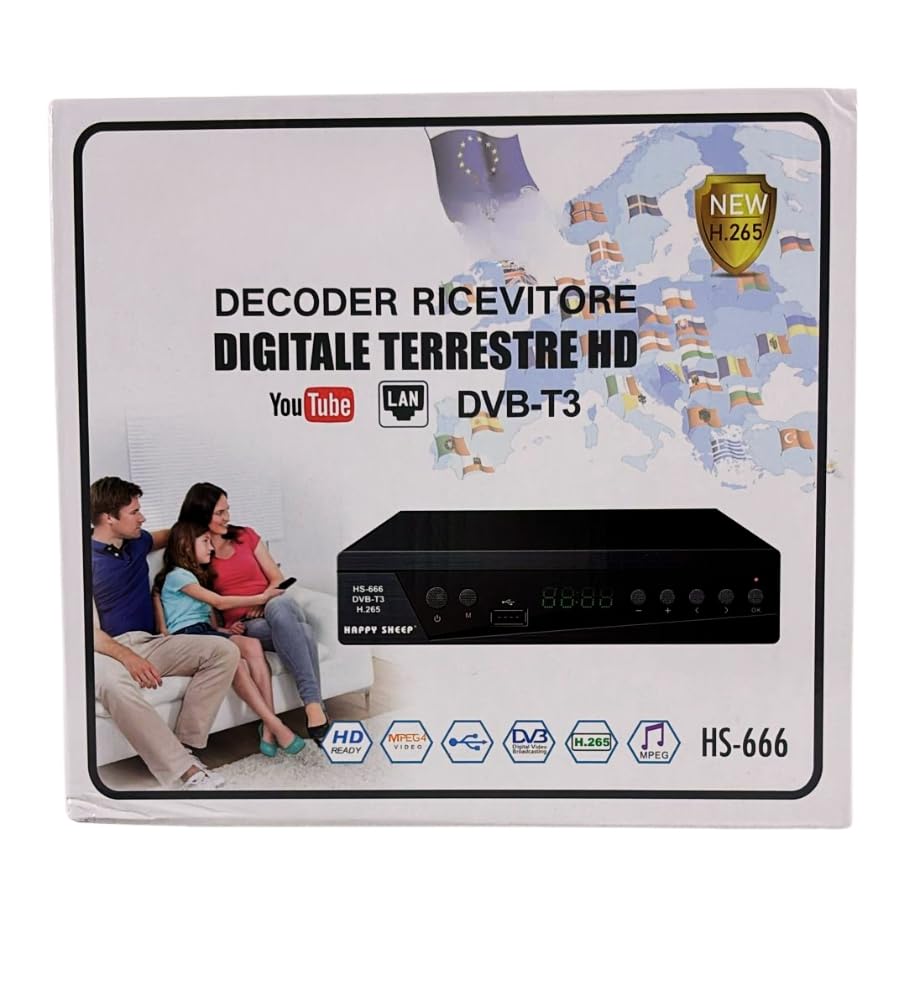 Decoder Digitale Terrestre DVBT-2 H.265-HEVC 10 Full HD HDMI/Scart USB LAN con Display Telecomando