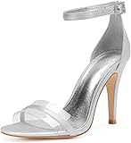 Damen Brautschuhe Stöckel Absatz Satin Knöchelriemen Offener Zeh Sandalen Für Hochzeit Partei,Silber,36 EU