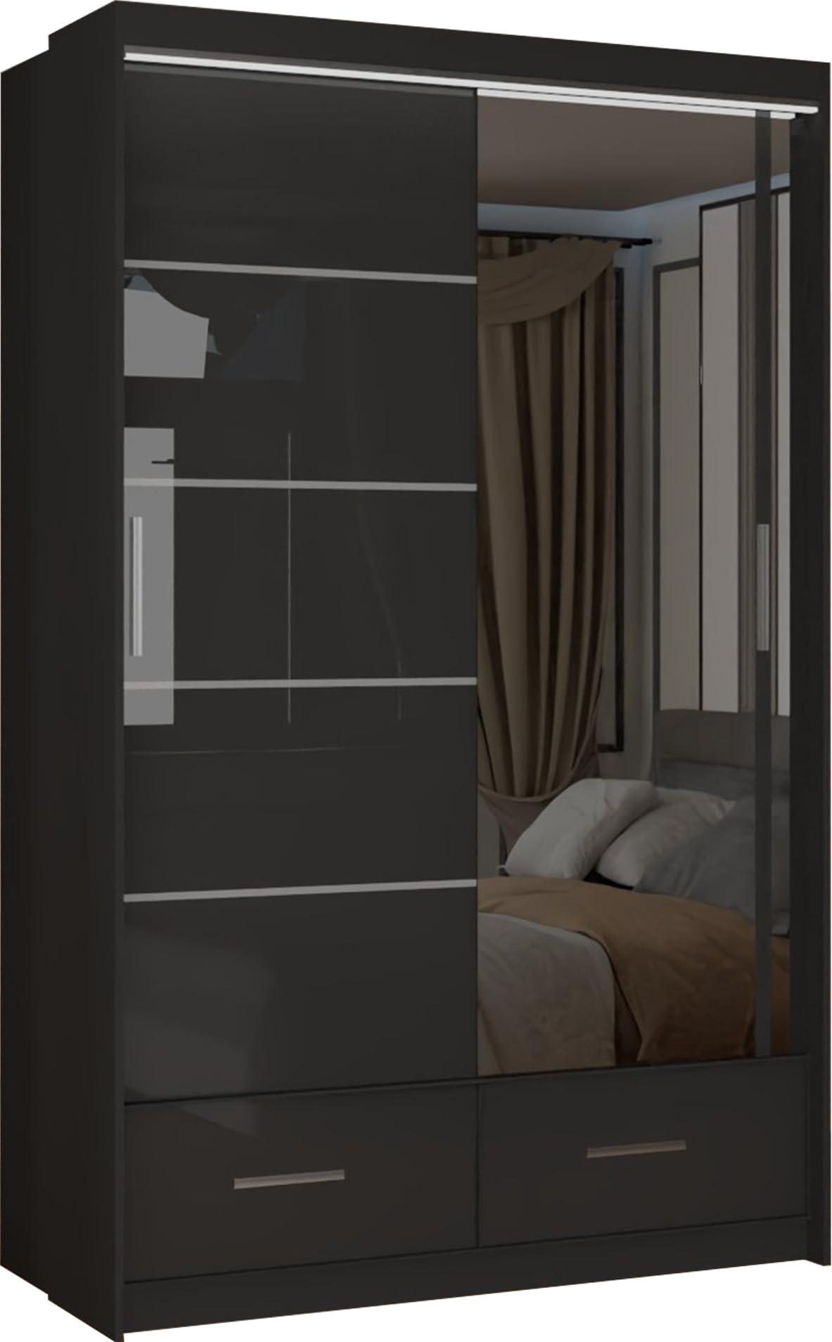 MN Furniture Derry High Gloss & Mirror Sliding Doors Wardrobe with Long Led Light and Bottom Drawers (Black, 150cm)