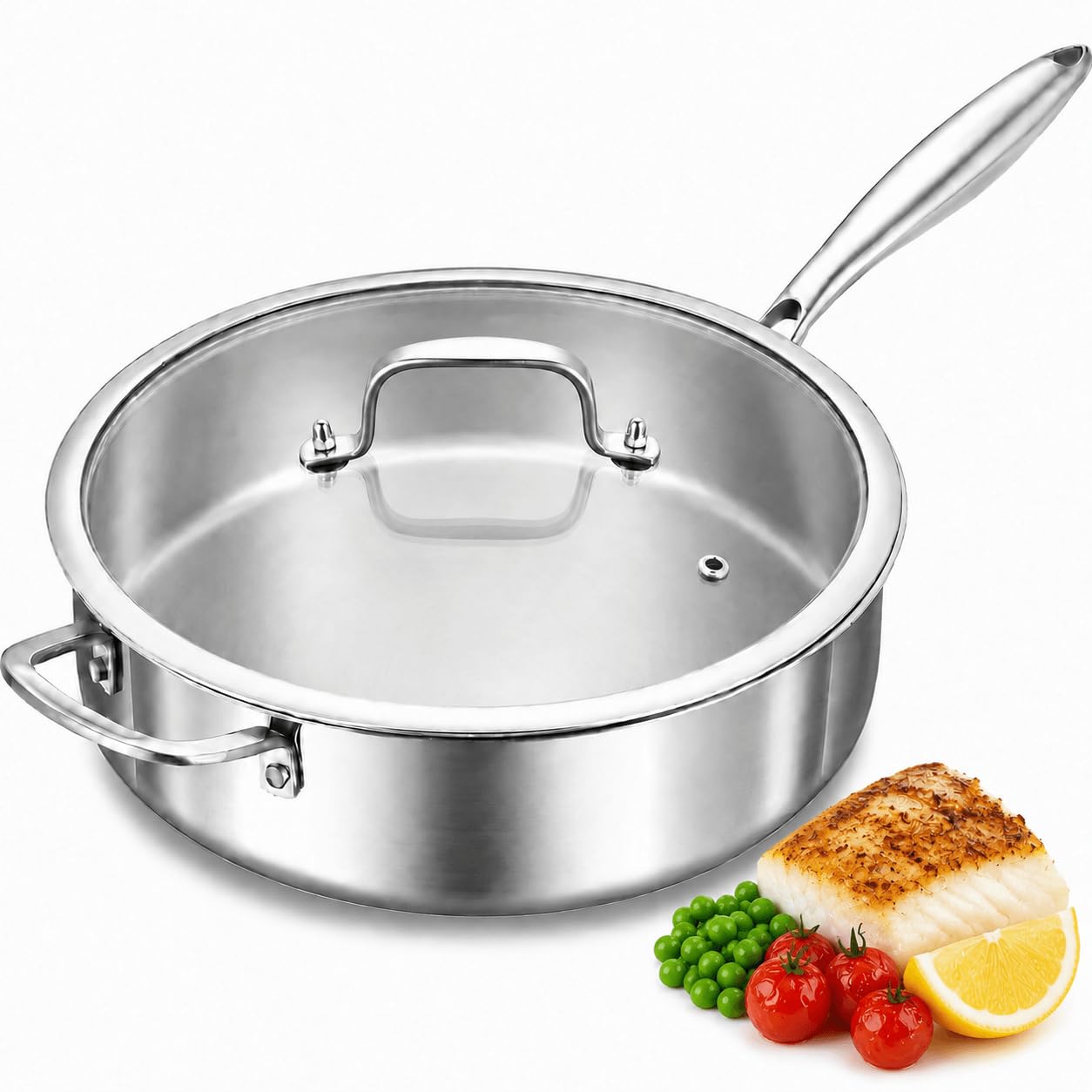 Nontoxicook Stainless Steel Saute Pan with Lid, 30cm(5.6L) Tri-Ply Deep Frying pan, Induction Large Skillet, Jumbo Cooker, Efficent Fast Even Heating Cooking Pan, Oven Safe
