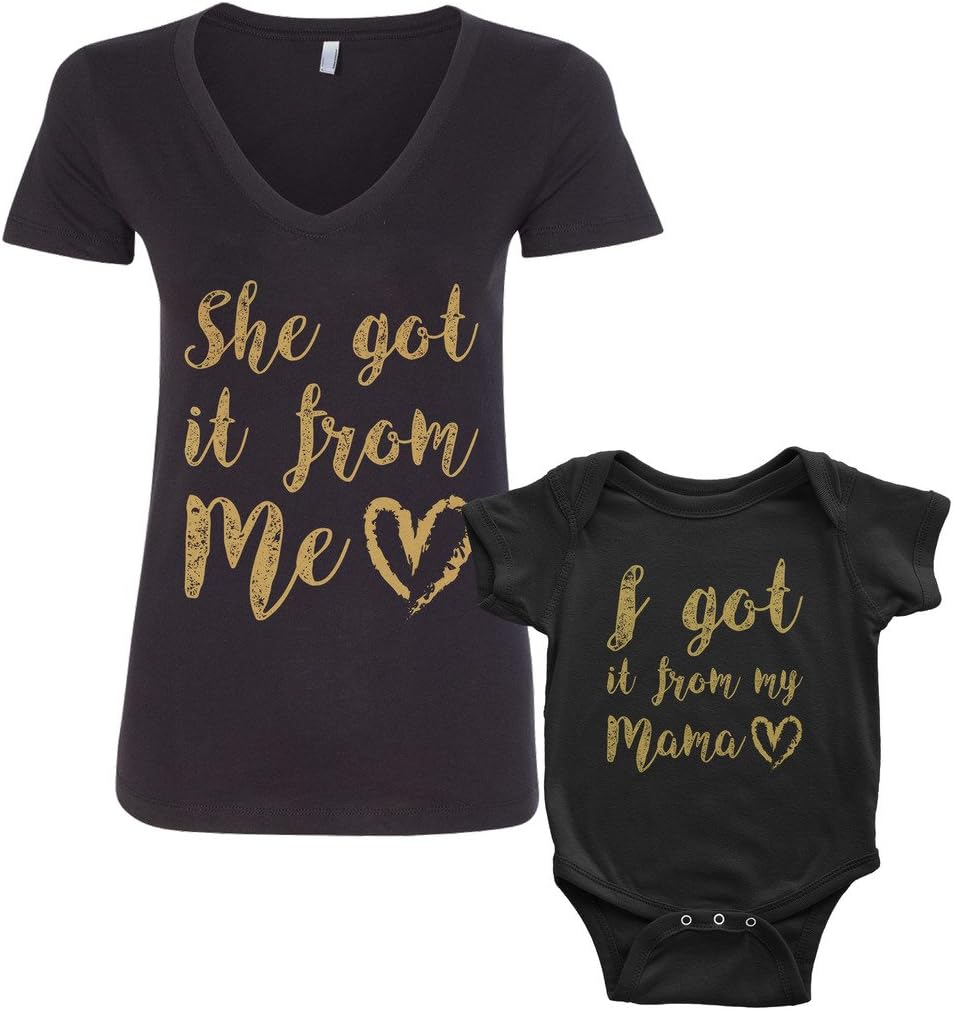 Threadrock Got It from My Mama Infant Bodysuit & Women's V-Neck T-Shirt Set