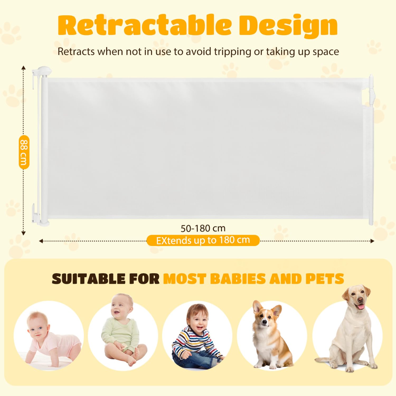 Nobleza - Puerta Seguridad Bebé Extensibles, Barrera Seguridad Nños y Perros 0-180cm, Apertura con Una Mano, Ideal para Escaleras, Puertas, Interior y Exterior, Blanco