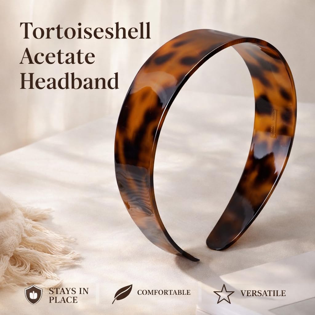 Wide Tortoise Shell Acetate Headband for Women, 1.5 Inch Adjustable No-Slip Design with Teeth for Thick Hair, Comfortable Retro Style for Everyday Wear (3PC)