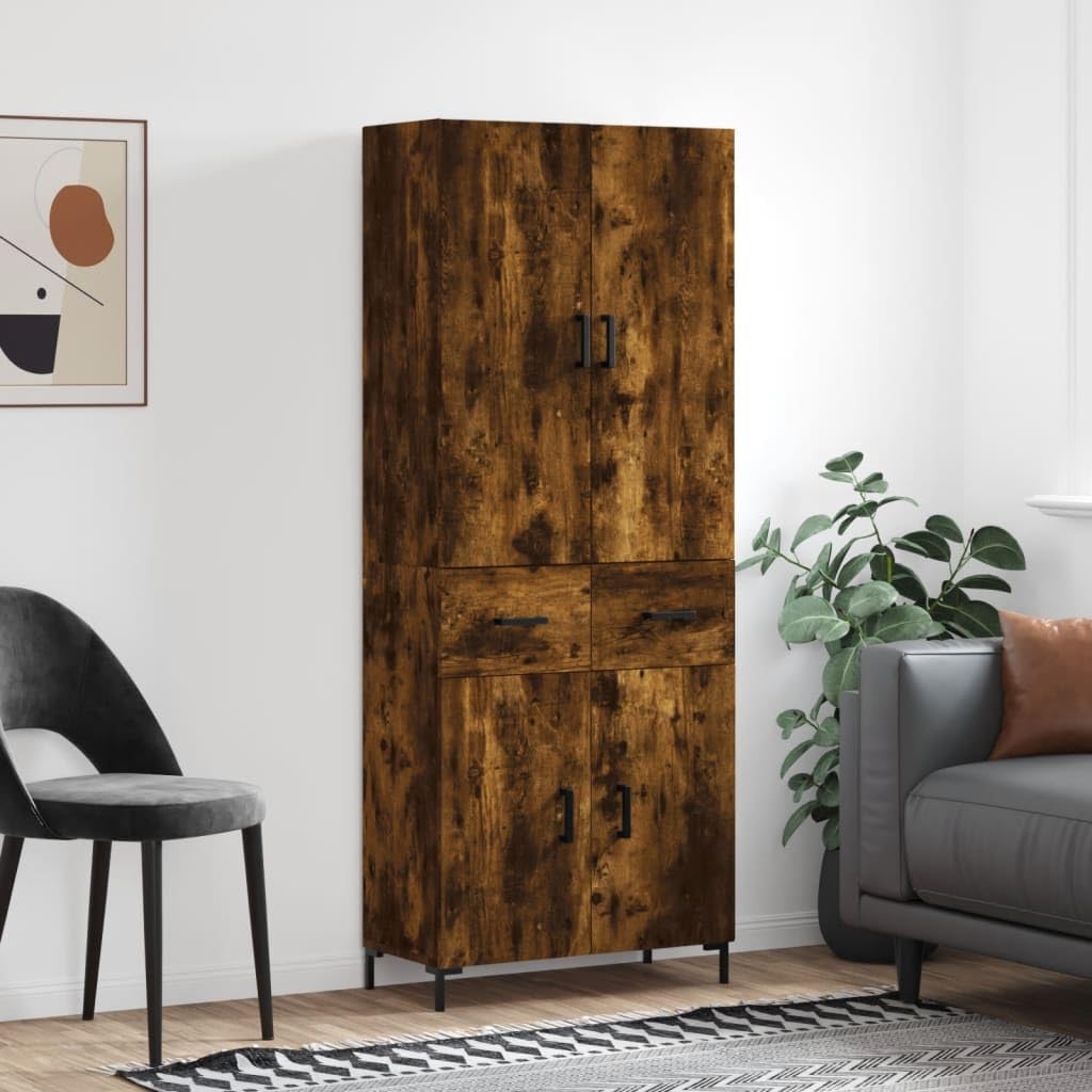 Générique Wysoki bufet wędzony dąb 69,5x34x180 cm, wąski mebel do salonu z drewna inżynieryjnego z drzwiami i metalowymi nogami, duża przestrzeń do przechowywania