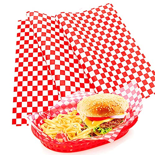 100 Sheets Food Wrapping Paper – Food Grade Wrap Paper/Checkered Basket Liners Oil-Proof Wrap Papers for Deli/BBQ Sandwich Hamburgers Gift Wrapping Wax Tissue, 10″ x 11″