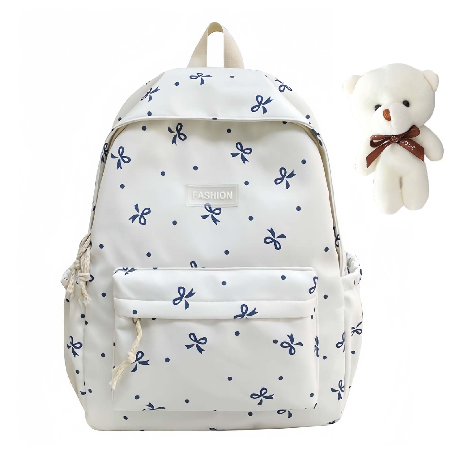 Jeeeun Girls White-Blue*B Bow Backpack For Coquette Bow Backpack - 3Pcs Set With Matching Pouch & Lunch Bag (White-Blue*B)