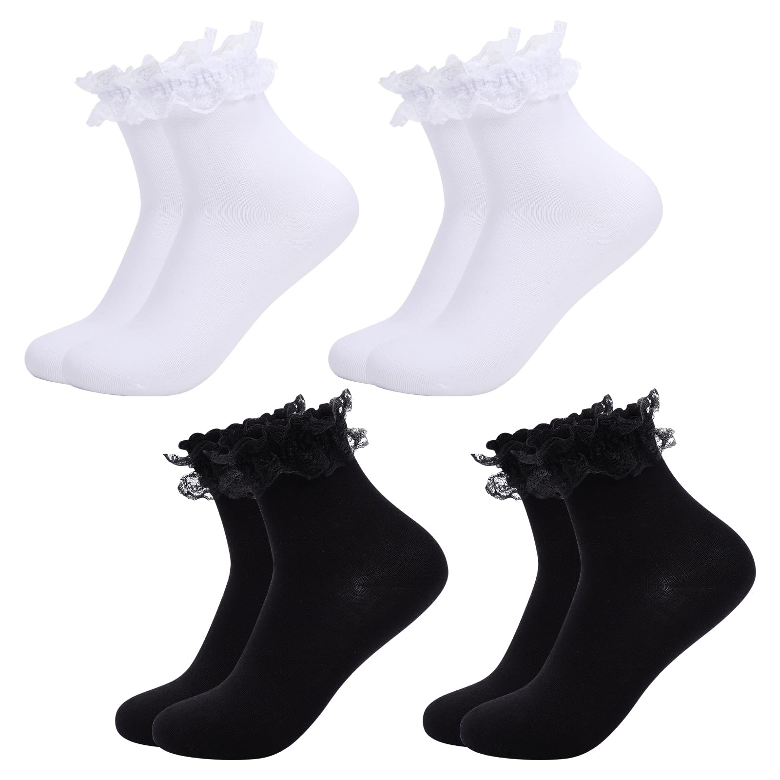 Fjquamitix Women's 2 Pairs Black+2 Pairs White 4 Pairs Frilly Socks For Girls, Lace Ruffle Socks Cute Ballet Ankle Sock (Uk, Alpha, One Size, Regular, Regular, )
