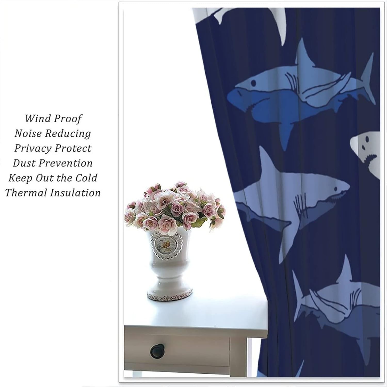 Shark Fish Window Curtains, Ocean Animal Navy Blue Room Darkening Rod Pocket Windows Treatments for Boys Girls Toddler Bedroom Living Room 84x84in