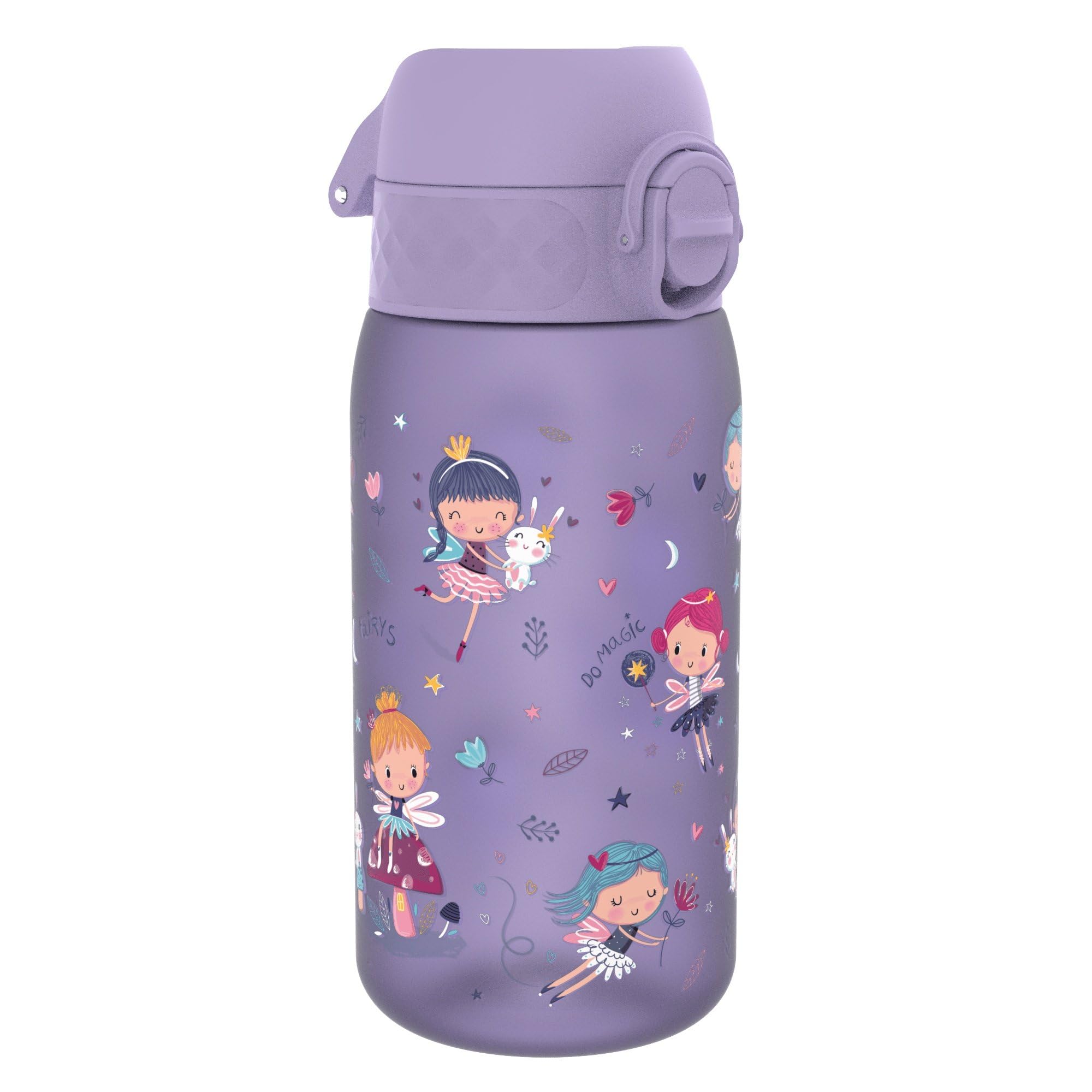 Ion8 Small Water Bottle, Leak Proof, Easy to Open, Secure Lock, Dishwasher Safe, Flip Cover, Carry Handle, Easy Clean, Durable, Water Bottle, Raised Print, Purple, Fairies
