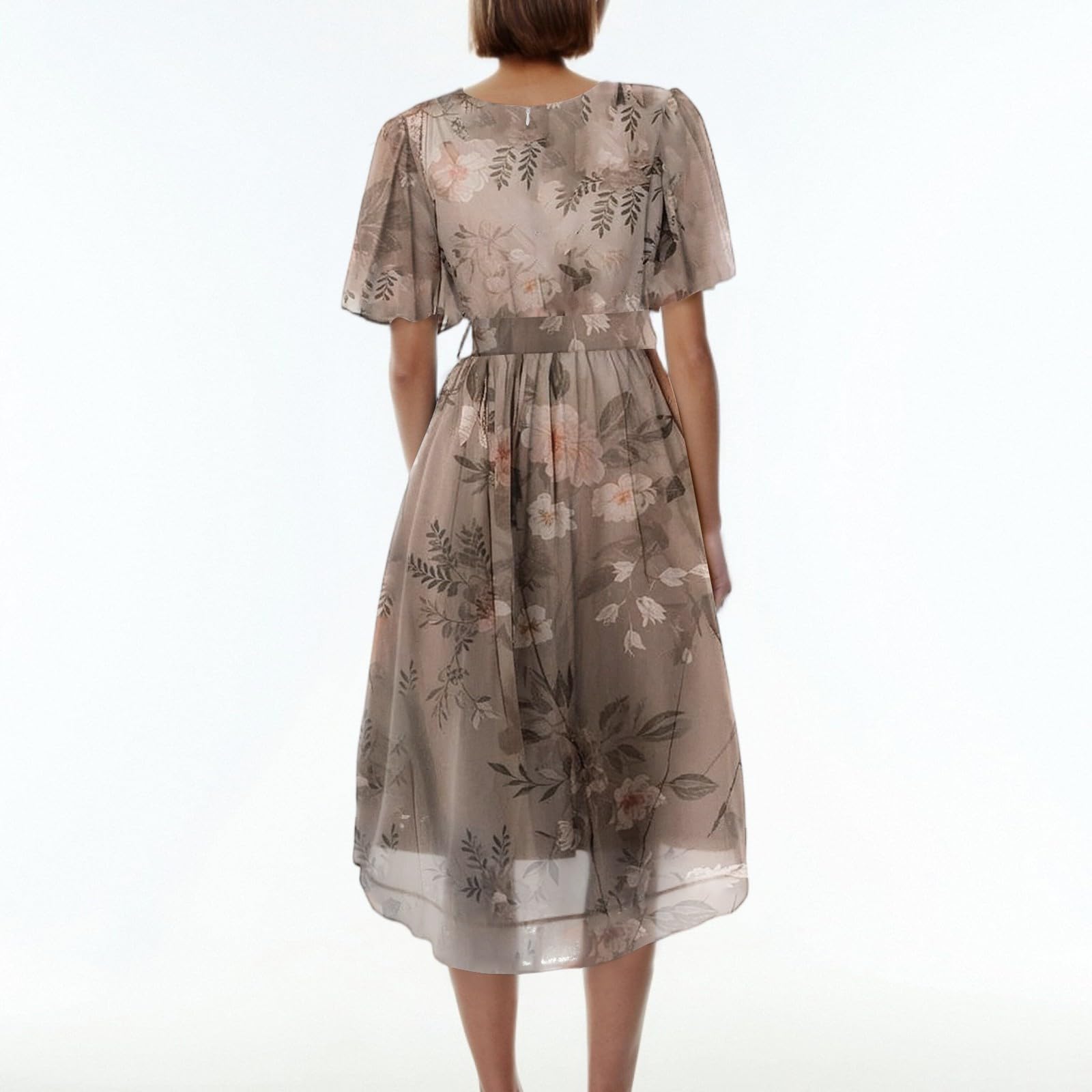 Generisch Damen Chiffon-Wickelkleid mit Flügelärmeln & V-Ausschnitt, Fließendes Midi Kleid, Elegantes Partykleid für Hochzeiten, Dates und Alltag