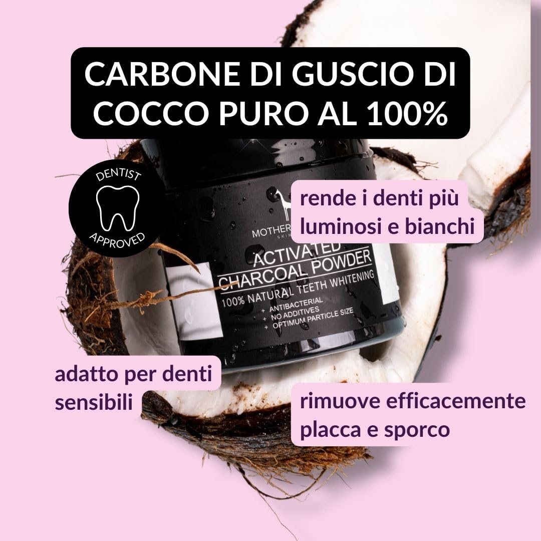 Carbone Attivo Sbiancante per Denti - VEGAN - 60 g di Polvere di Carbone Attivo, Estratta dal Guscio della Noce di Cocco - per Denti Naturalmente Bianchi