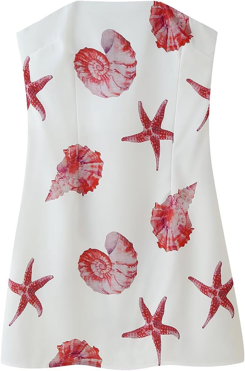 Women strapless tube mini dress seashell print sleeveless backless dressing