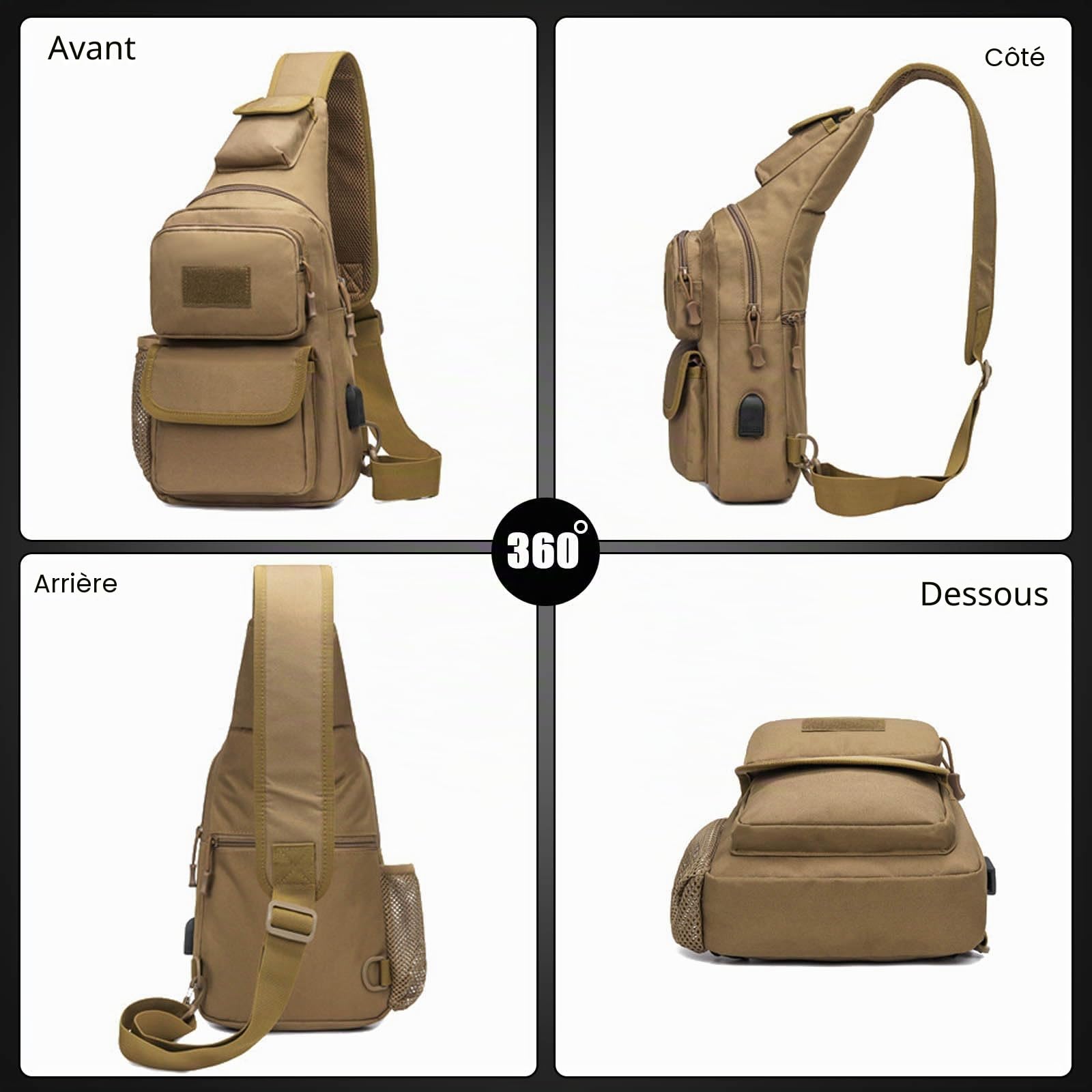 FANDARE Sac à Dos Militaire Poitrine Tactique Homme Femme Randonnée avec USB et Bandoulière Sacoche d’Epaule pour Voyage, Sports, Travers, Cyclisme et Moto