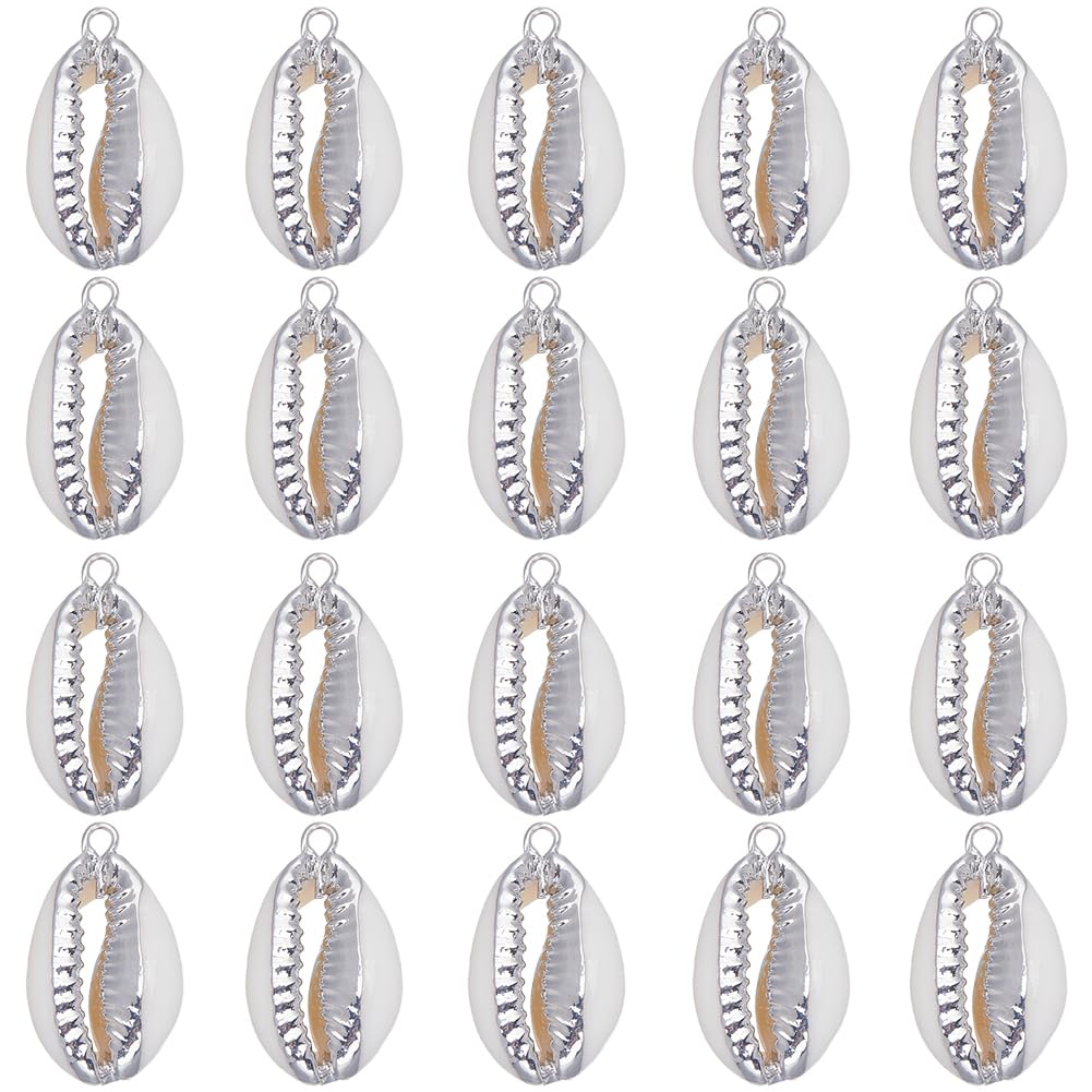 SUNNYCLUE 1 Box 20Pcs Seashell Charm Seashell Charms Bulk Natural Cowrie Shell Silver Electroplated Shell Pendants for Jewelry Making DIY Bracelets Necklaces Earrings Craft