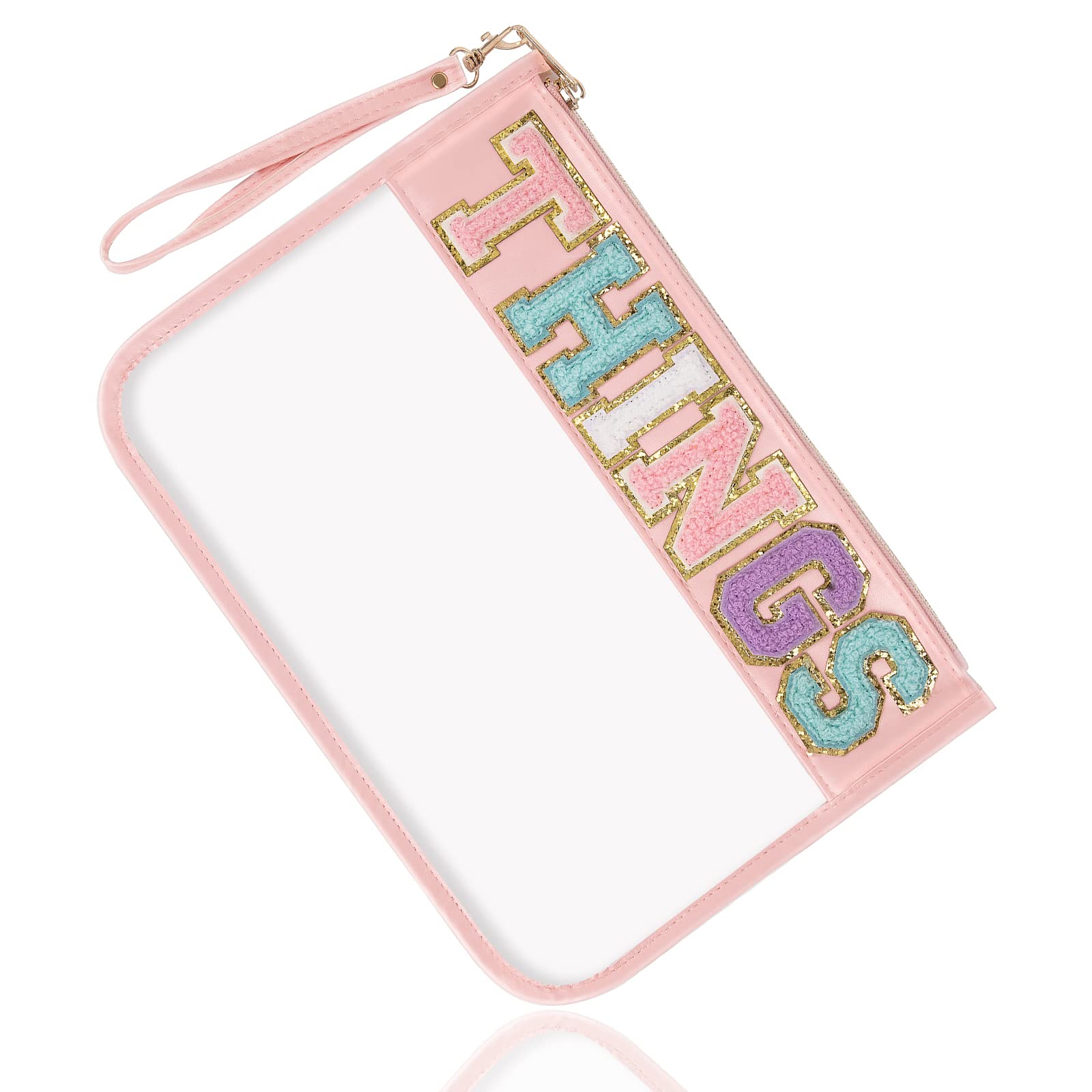 Chenille Letter Clear Bag Things Purse, Monogram PVC & PU Clear Zipper Pouch with Wristlet, Waterproof Portable Glitter Snacks Makeup Beach Pouch Toiletry Bag for Women Girls (THINGS-Pink)
