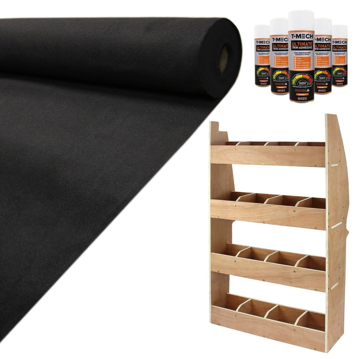 Monster Racking Black Van Lining Carpet Super Stretch + Glue & Citroen Berlingo Rack Bundle, 11M2 Van Racking, Vans, Motor Homes, Cars, Shelving Unit With 4 Shelves, 12Mm Plywood, 4 Tier Racking Unit