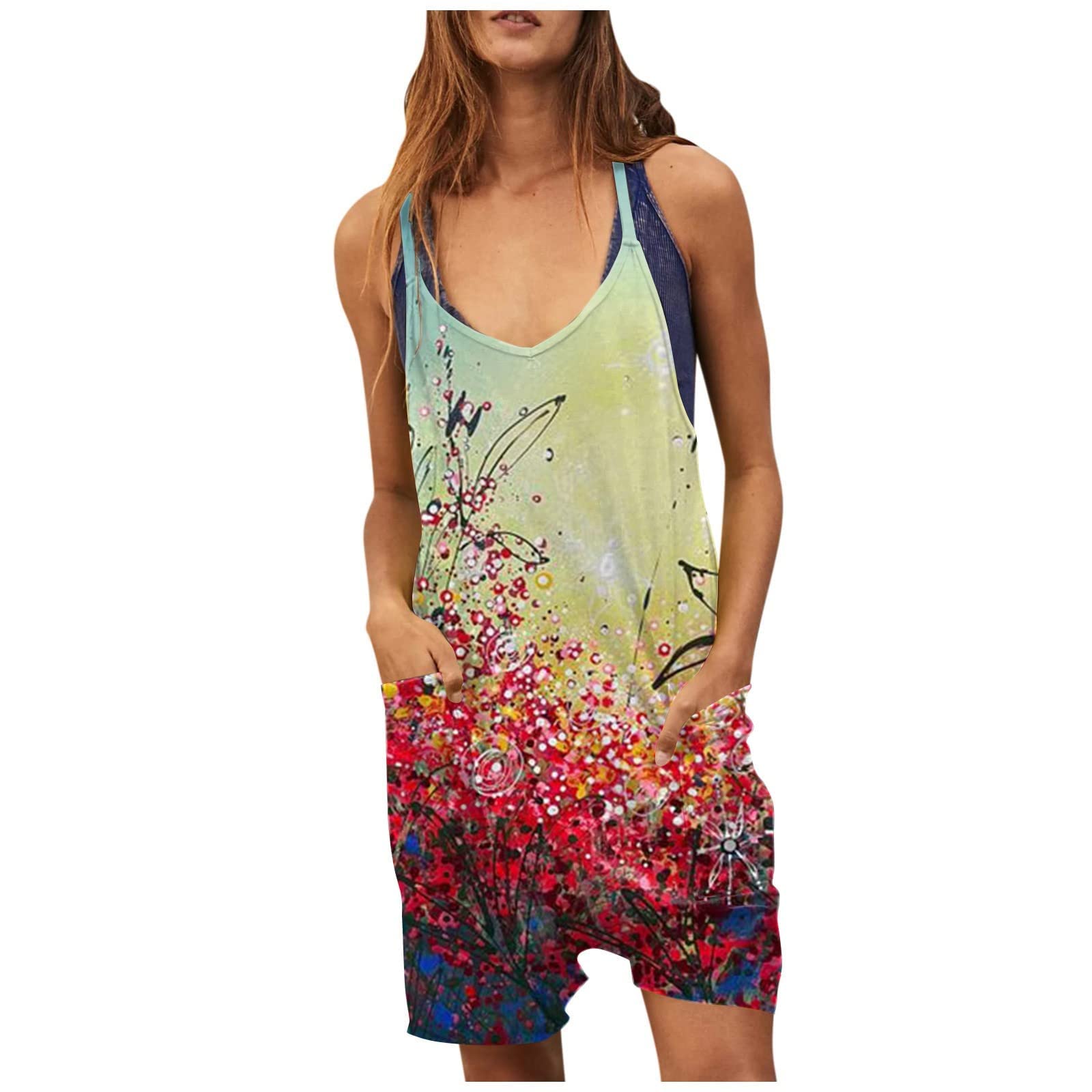 AnnSemo Mono casual para mujer, sexy, con tirantes, sin mangas, cuello redondo, estampado, holgado, para verano, ropa de trabajo, pantalones de pierna ancha, mini mameluco corto con bolsillos