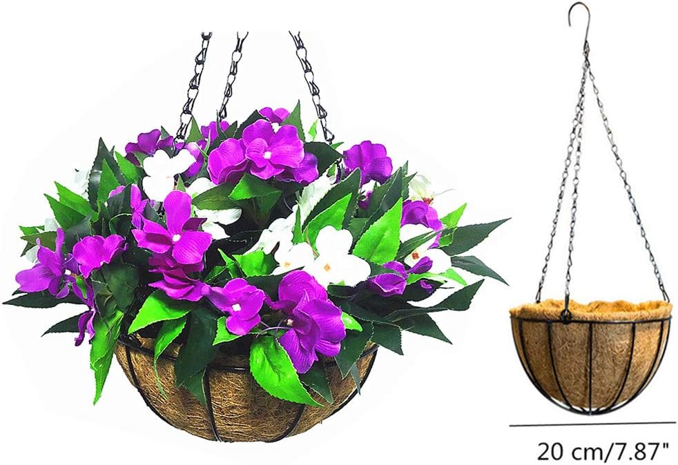 Set of Artificial Impatiens Flowers Hanging Basket with Chain for Indoor Outdoor Decoration, Purple and White (A Small Basket and Artificial Flowers)