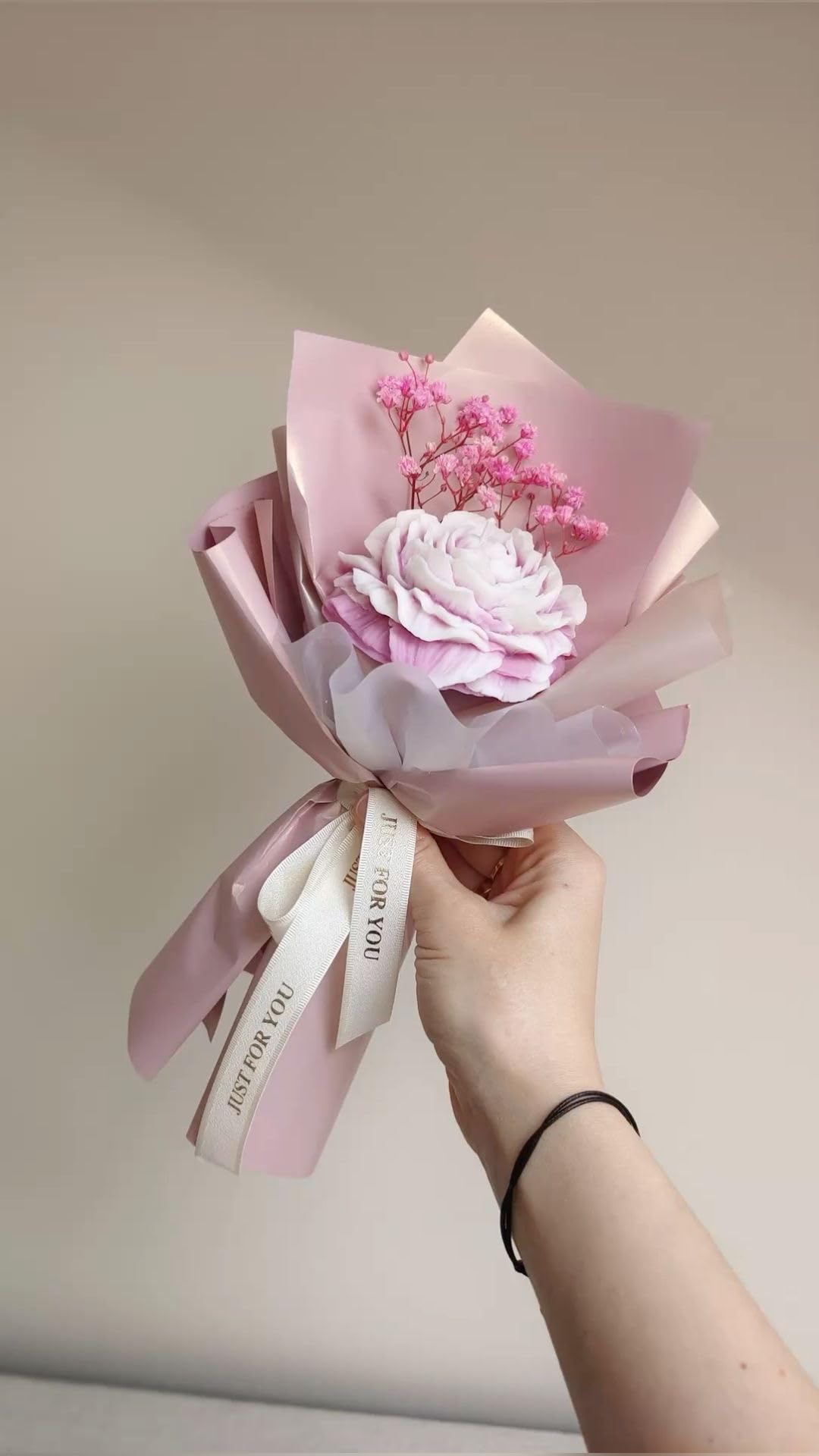 Handcrafted Flower Bouquet Candle, Pink Floral Arrangement with Satin Ribbon, Decorative Gift Candle for Romantic Occasions-image-13