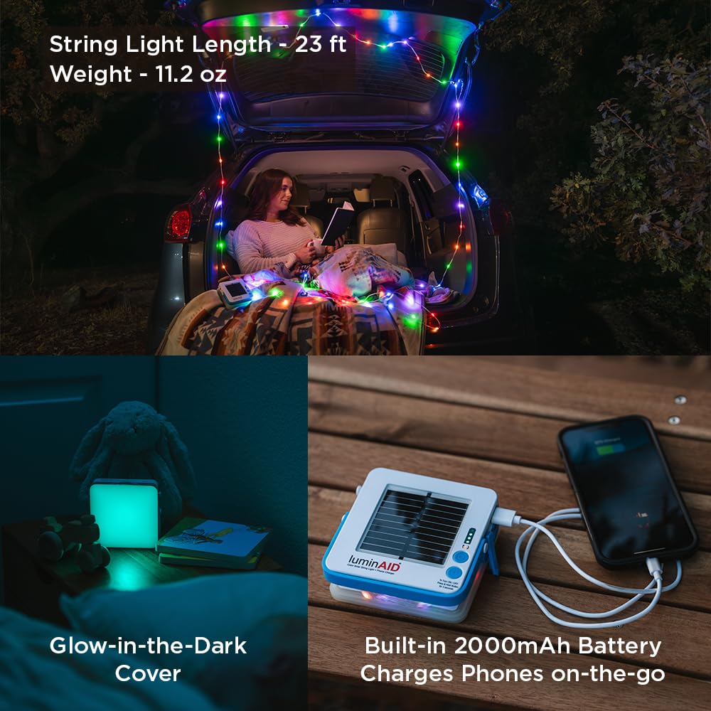 LuminAID Guirlande lumineuse solaire colorée avec chargeur de téléphone – Lumières multicolores pour tente de camping – Lumières de 7 m parfaites pour le camping, le jardin, la terrasse, les